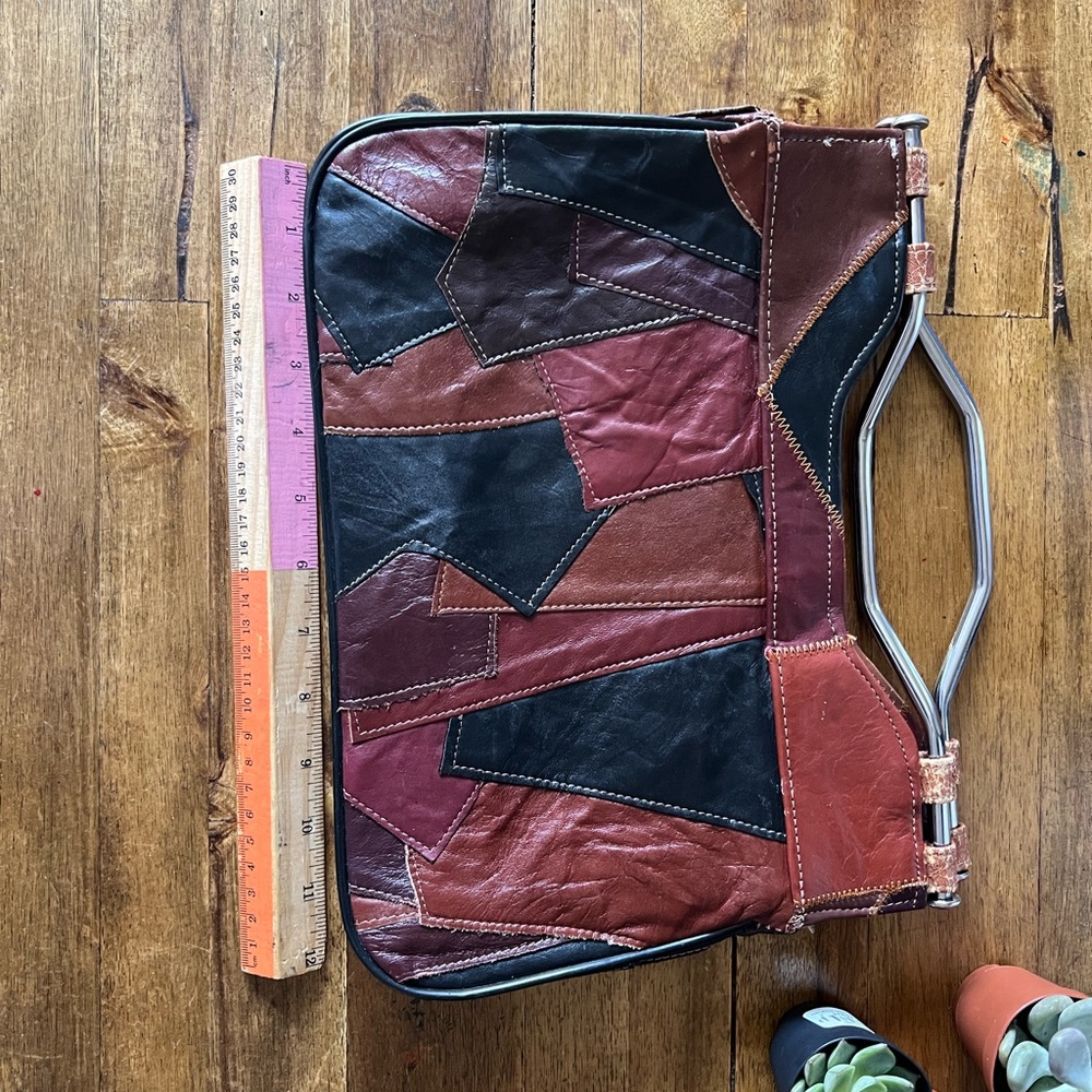Vintage Leather Patchwork Purse, Silver Metal Han… - image 3
